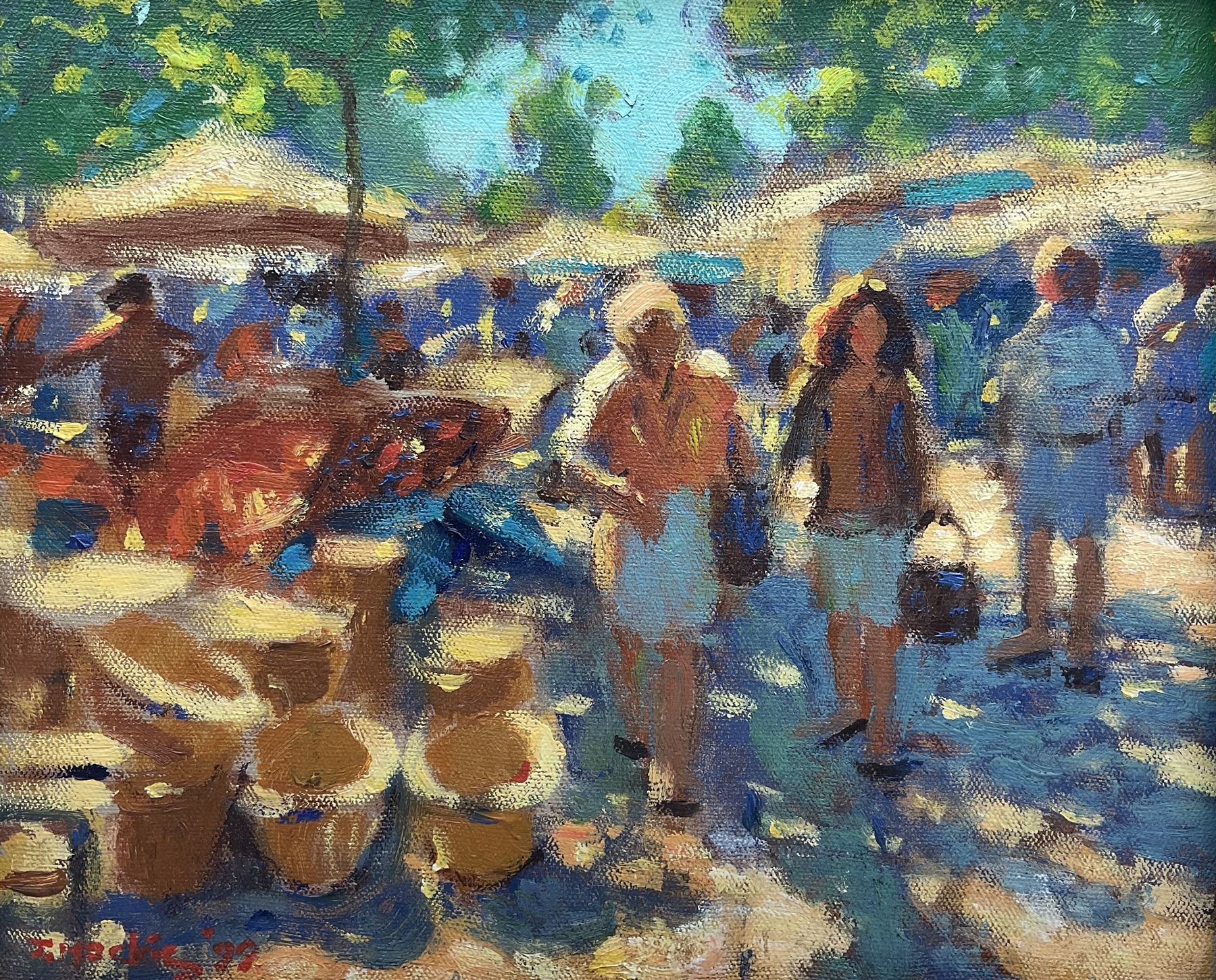 John Mackie (Scottish 1953-): Sunny Market Day, oil on canvas signed and dated '99, 24cm x 29cm 