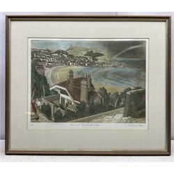 Michael Atkin (Scarborough 1952-): ‘Paul and Amanda Leave Town’ - Scarborough from the Spa Chalet, coloured etching with aquatint signed titled and numbered 9/60, 35cm x 59cm 