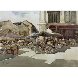 Chinese School (Mid 20th century): Market Square with Bicycles in Sunlight, watercolour signed 36cm x 50cm