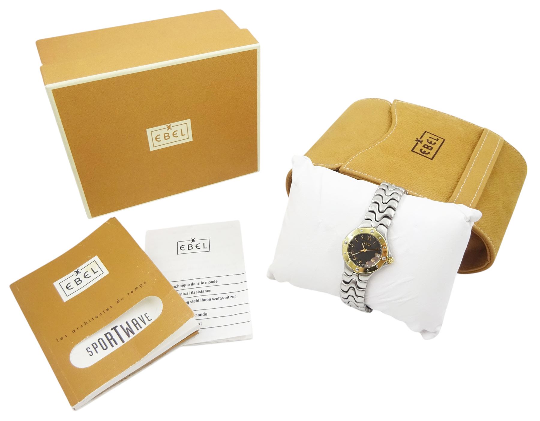 Ebel Sportwave ladies stainless steel quartz wristwatch, Ref. E6087621, grey / brown dial with Roman numeral hour markers and date aperture, gold bezel, boxed with warranty card dated 1997