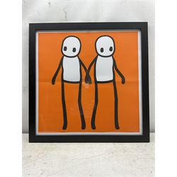 Stik (British 1979-): 'Holding Hands' - Orange, offset lithograph in colours pub. 2020, 49cm x 49cm, together with a copy of 'Hackney Today' newspaper, 21st September 2020, in which the print was distributed (2)