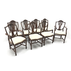  Set eight 20th century mahogany Hepplewhite style dining chairs, shaped cresting rail, pierced splat, drop in upholstered serpentine seats, square reeded tapering supports on spade feet, W57cm  