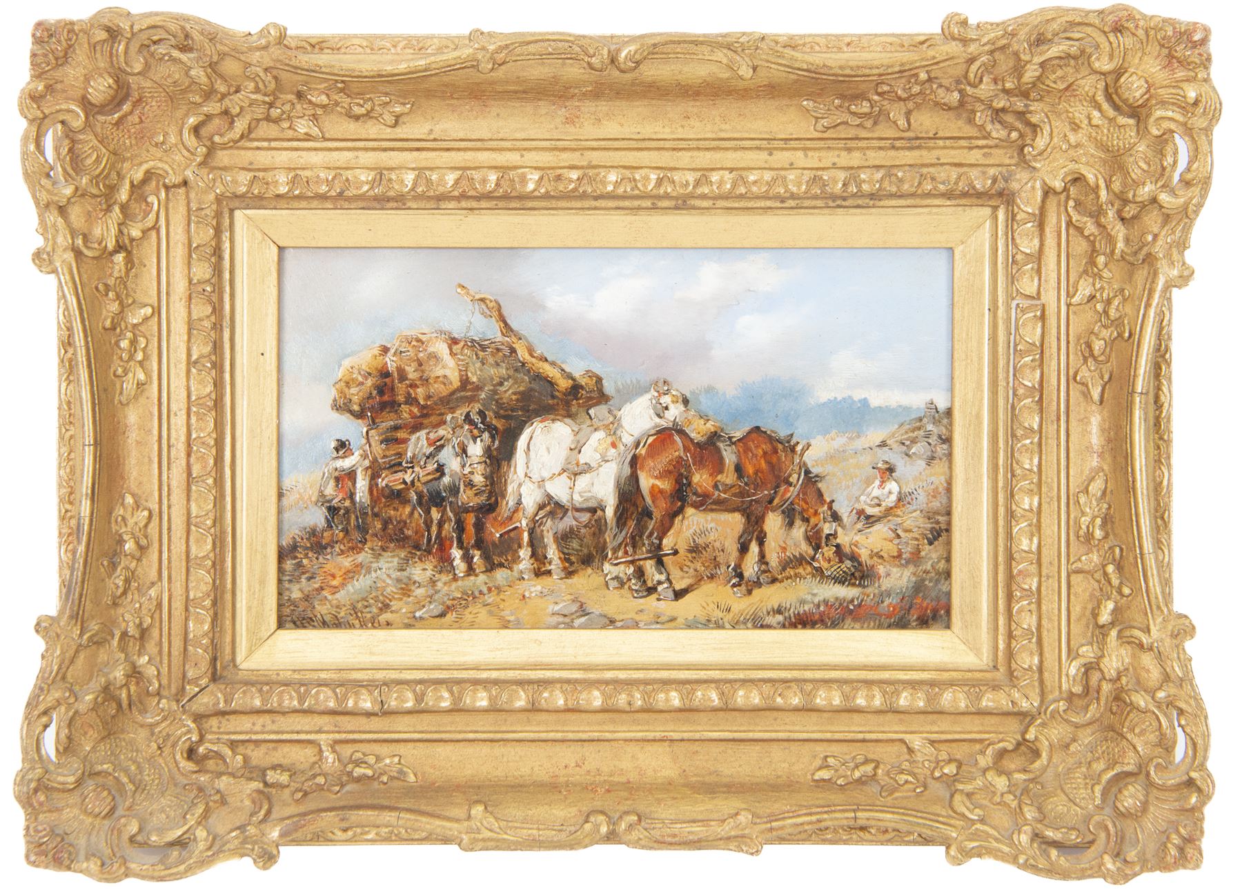 Harden Sidney Melville (British 1824-1894): The Logging Cart, two oils on panel signed, max 13.5cm x 24cm (2)