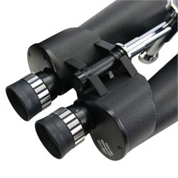 Helios 25 x 100 waterproof binoculars, with lens caps and strap, contained within flight case