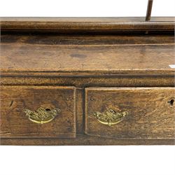 18th century oak dresser, moulded cornice over open three heights plate rack, rectangular plank top over three drawers and panelled sides, on square moulded supports, together with a removable pot-board base or stand