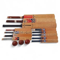 Signed International cricket memorabilia, comprising ten signed miniature cricket bats, ea...