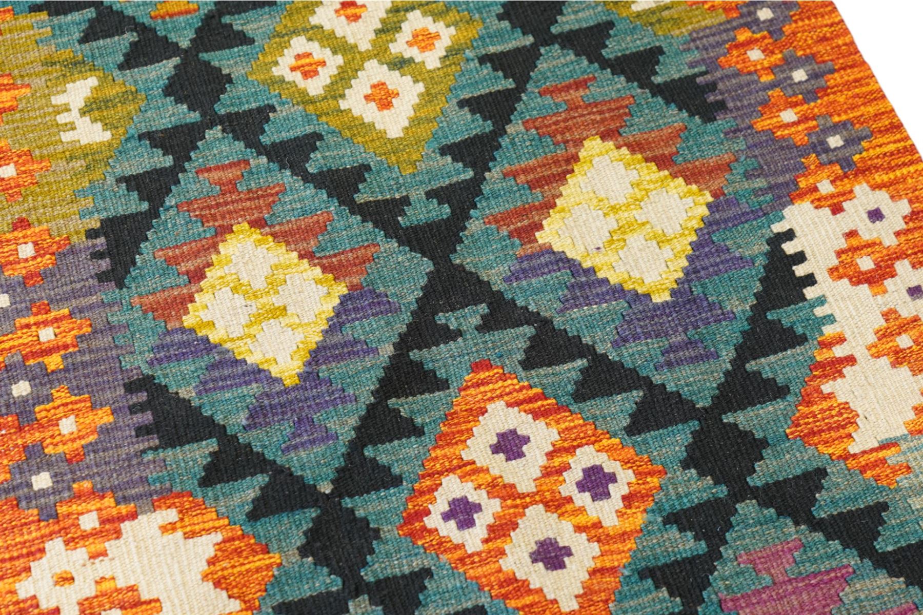 Maimana Kilim runner, overall green ground, geometric pattern 