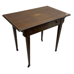 Edwardian inlaid mahogany side table, rectangular moulded top with shell inlay and satinwood band, fitted with single drawer, on square tapering supports with brass and ceramic castors (W84cm, H71cm, D53cm); early 19th century mahogany fold-over tea table; and a 20th century mahogany revolving bookcase