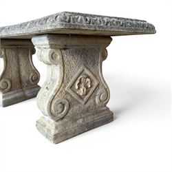 Cast stone three piece garden bench, curved form with detailed top