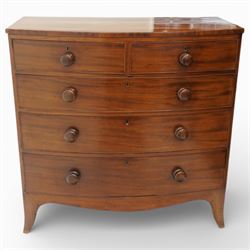 Early 19th century mahogany bow front chest, fitted with two short and three long drawers,...