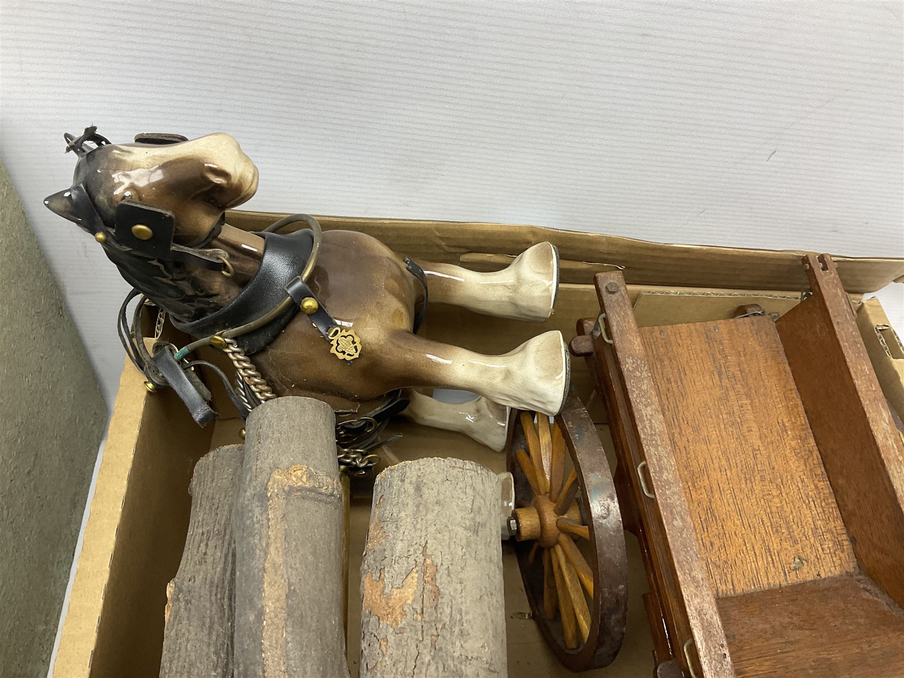 Melba Ware Shire horse figure and two similar, and four wood carts