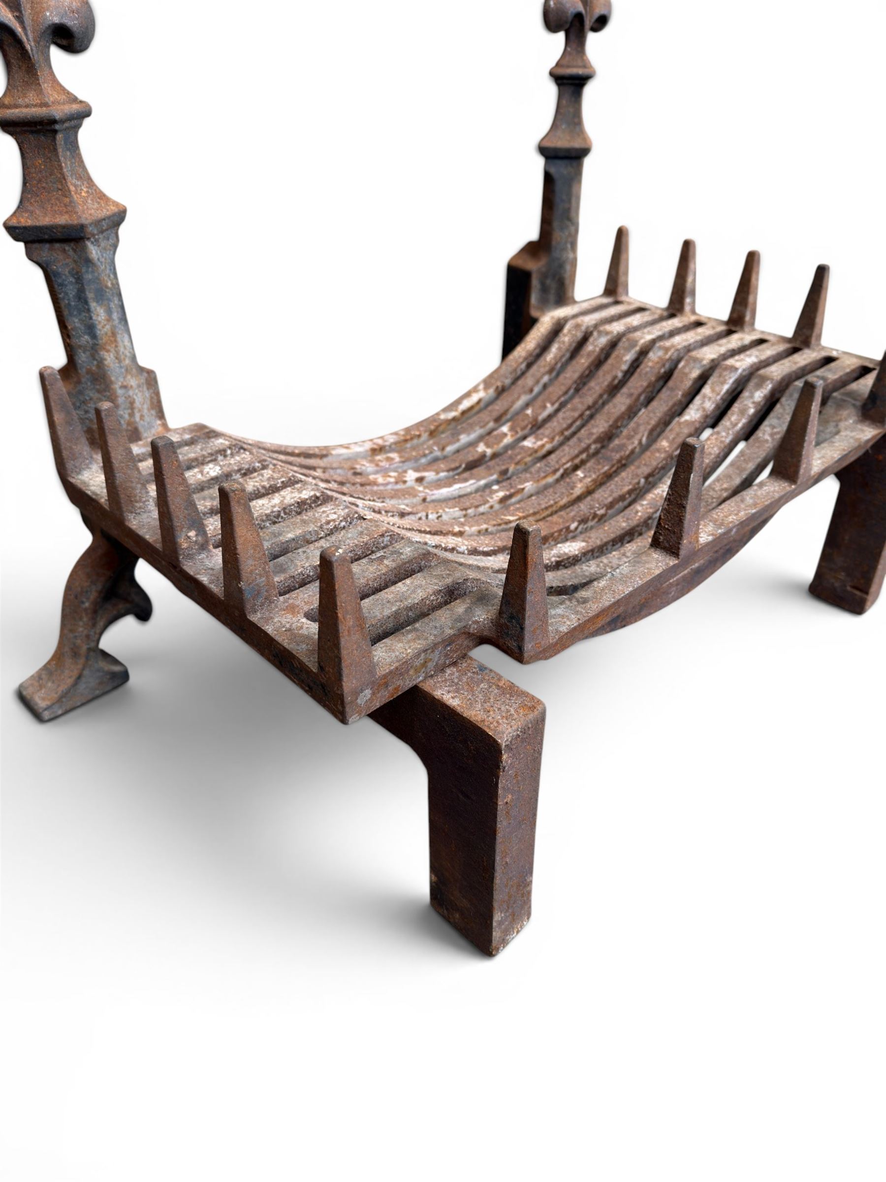 Victorian design cast iron fire grate with fire dogs, final over floral moulding and trefoil base