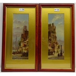  Felice Auguste Rezia (Italian 1857-1906): 'Abbeville' & 'Liege', pair oils on board signed, titled verso 35cm x 12cm (2)  