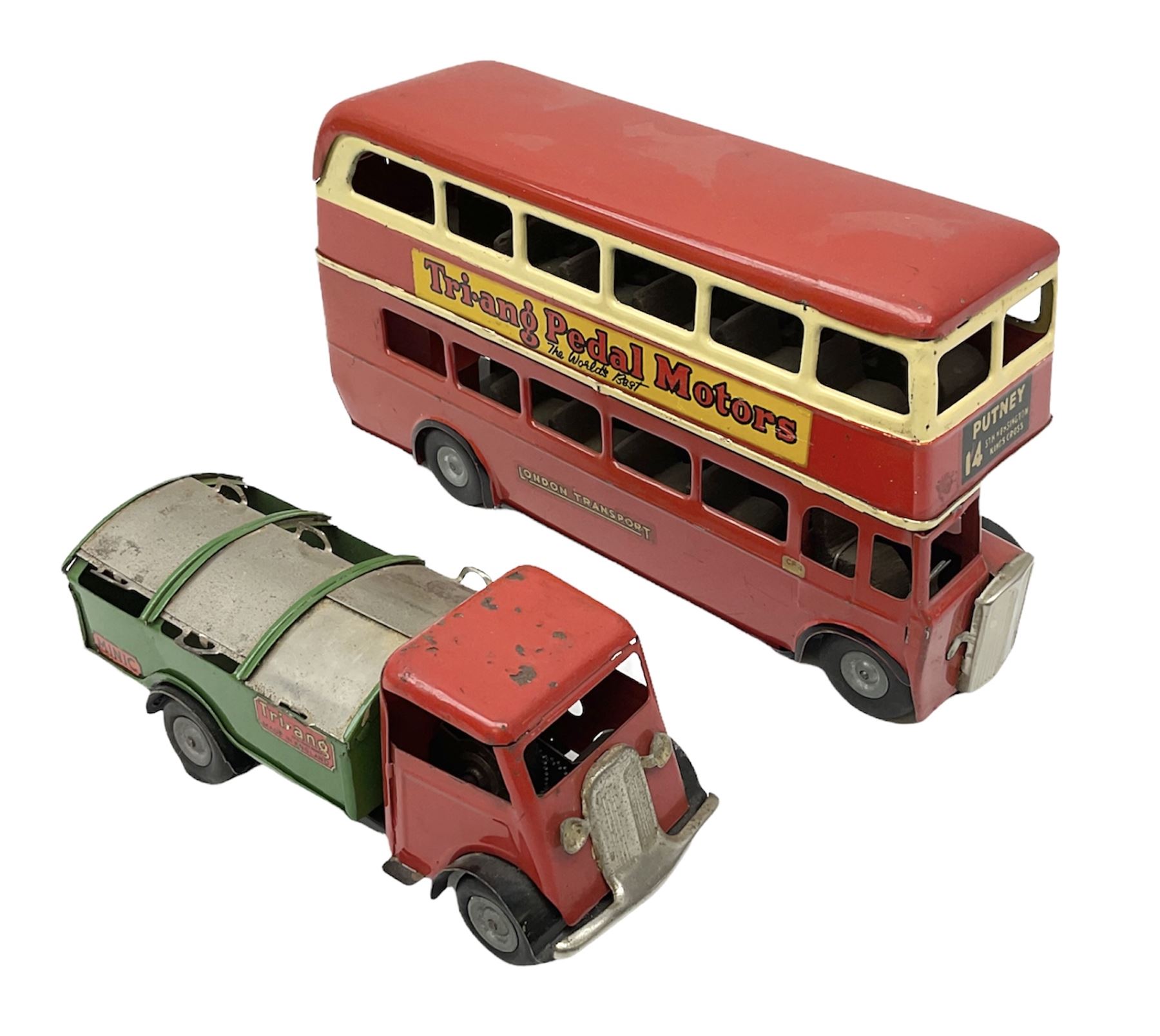Tri-ang Minic tin-plate clockwork - London Transport Routemaster double decker bus 'Route 14 Putney' with Bovril and Tri-ang Pedal Motors advertisements; and Refuse Wagon with three sliding compartments; both unboxed (2)