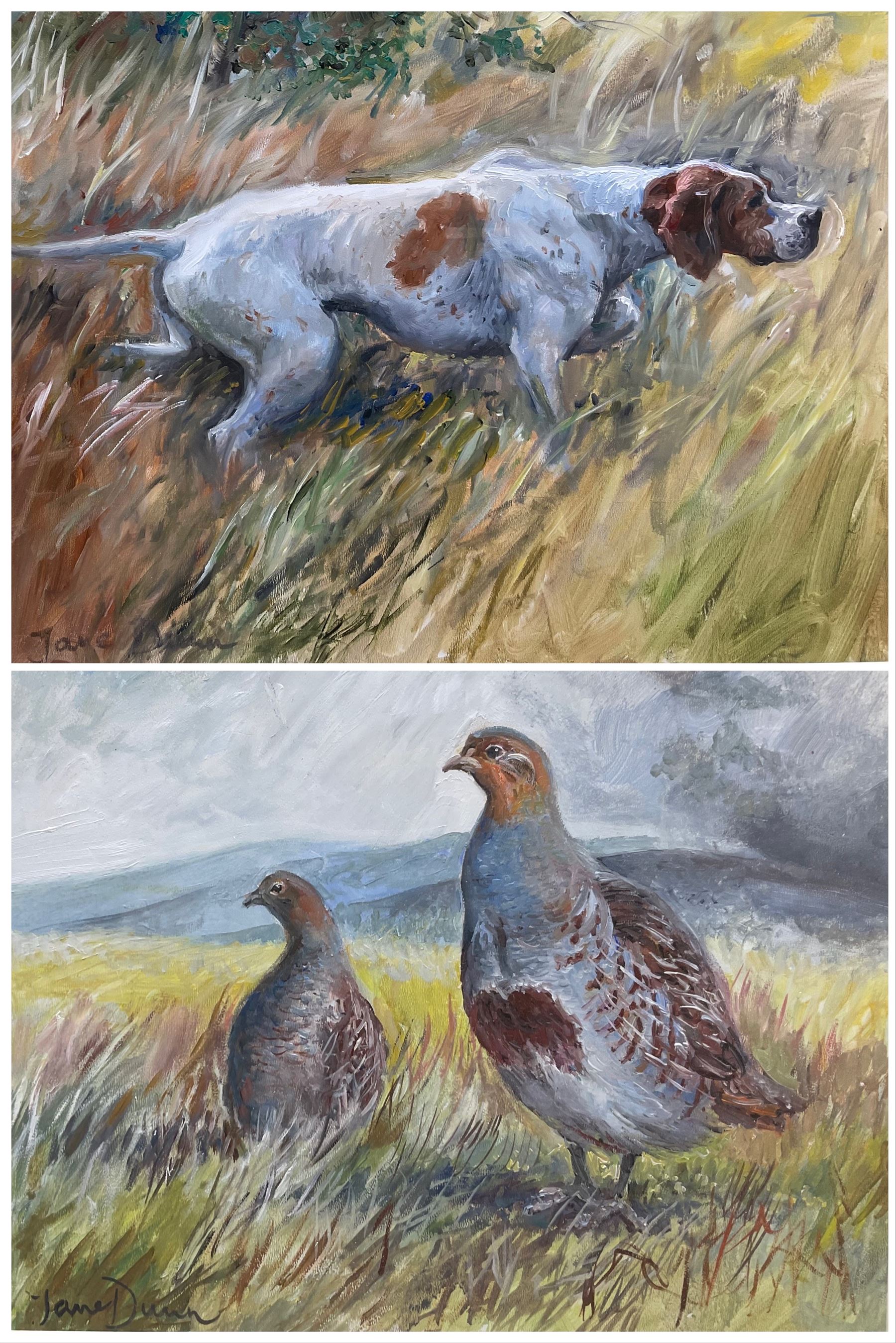 Jane Dunn (British 20th century): Partridges and Setter, pair gouaches signed 25cm x 29cm (2)