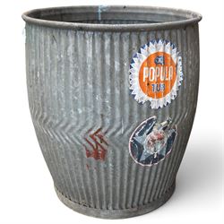 Collection of three ribbed galvanised dolly tubs with chevron detail, one retaining ‘The Popular Tub’ label, together with two white enamel buckets and a galvanised bucket, each with swing handle, max W46cm H53cm