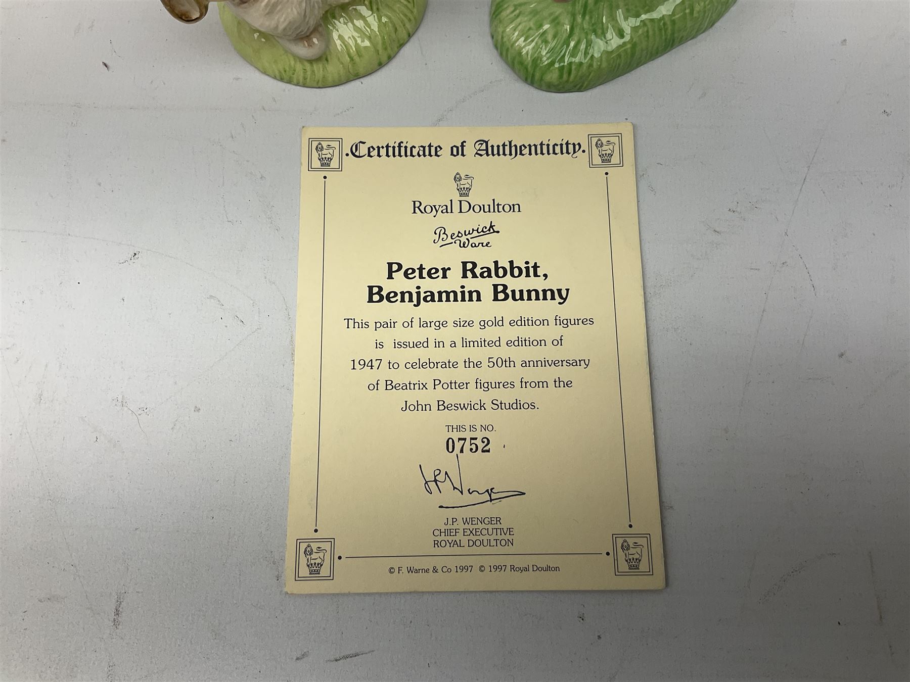 Collection of Beswick figures to include Beatrix Potter Squirrel Nutkin, Jemima Puddleduck, Spike and Tyke, Tom and Jerry, both boxed and with certificates, Chamois 1551 and Babycham 1615a (a/f) Beswick Ware Royal Douton Peter Rabbit and Benjamin Bunny, with certificate
(9)
