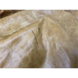 Two pieces of tan leather hide, for upholstery, largest piece approximately 280 cm x 240 cm, smaller piece approximately 240cm x 115cm