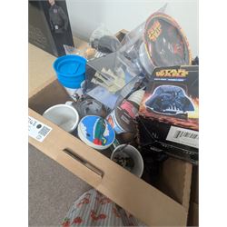 Star Wars collectables, including calendars, plate, plastic cups, Darth Vader money bank, VHS tapes, Masterworks lithograph collection, etc together with some Thunderbirds cups, Texas Chainsaw Massacre plush, etc
