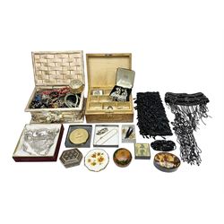 Two Stratton compact mirrors, 1920s style beaded sash and collar, and a collection of costume jewellery including beaded necklaces, clip on earrings, rings, etc 