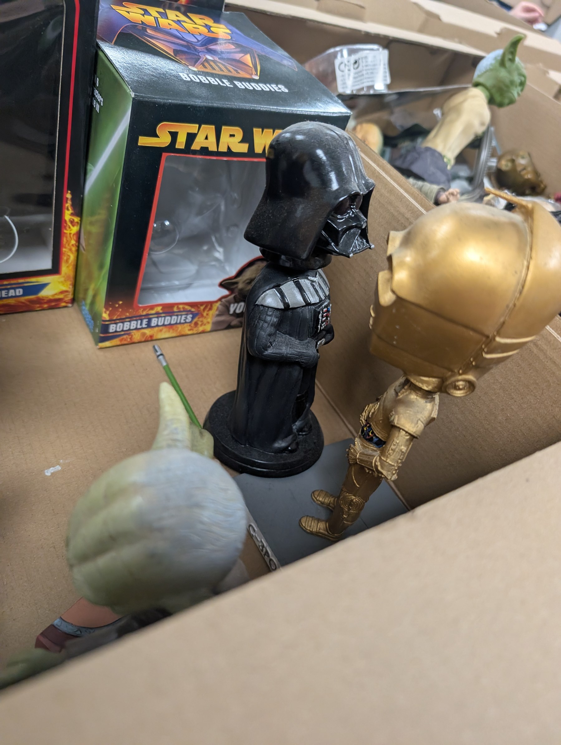 Large collection of Star Wars figures, including bobble heads, Disney busts, Funko etc, together with a collection of loose empty boxes in five boxes