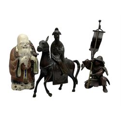 Chinese Qing dynasty figural bronze censer in the form of a horse, the cover modelled as a sage in robes with seal mark beneath, together with a Japanese bronzed spelter figure of kneeling samurai and painted figure of Shou Lao Xing, tallest H18.5cm