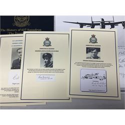 Dambusters 617 Squadron memorabilia - three signed photographs of Lancaster aircraft in flight, group photograph, copy of Vickers-Armstongs letter and drawing from Barnes Wallis, The History of 617 Squadron by Sqn. Ldr. S.J. Hillier, facsimile sets of signatures, FDCs, sheet music, Richard Todd signed photograph and greeting card, etc