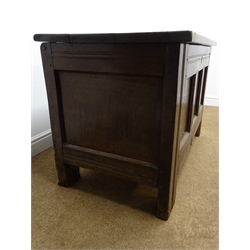  18th century oak coffer with thick planked peg hinged lid, tripled panelled front with reed moulded frame and stile supports, initialed 'RN', W116cm, H72cm, D61cm   
