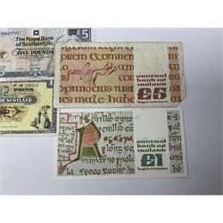 Irish and Scottish banknotes to include Bank of Ireland 5 January 1939 ‘B15’ one pound, two Bank of Scotland 1964 ‘AD07’ and ‘AF05’ one pound notes, one 1966 ‘CQ77’ one pound, and further notes from Clydesdale Bank, National Commercial Bank of Scotland Ltd. etc, housed in plastic sleeves