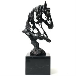 Stylised horse head, bronze, signed Gadi and bearing foundry mark, upon black stone square plinth, overall H41cm