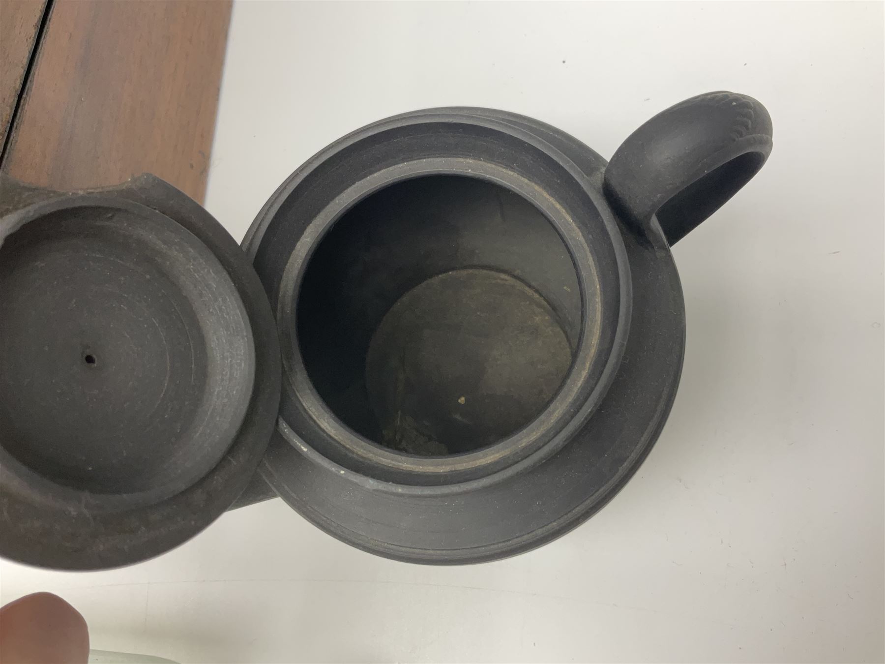 Victorian glass rolling pin, black basalt teapot, mother of pearl box with foliate engraving and sliding lid, and a wooden writing slope, with purple velvet interior, writing slope H14cm