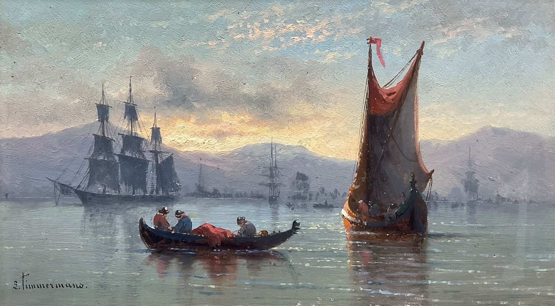 Louis Etienne Timmermans (Belgian 1846-1910): Boats in Calm Waters, oil on board signed 14cm x 24.5cm