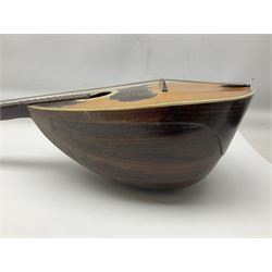 Italian bouzouki type long necked mandolin with segmented lute back and spruce top with tortoiseshell style panels; bears label 'Miroglio & Figli Sicilia Catania Italia' L99cm; and Italian lute back mandolin with segmented back and spruce top bearing label for F. De Mureda Napoli (2)