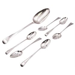 George IV silver Old English pattern table spoon, hallmarked Richard Poulden, London 1825, together with a set of six Victorian silver bright cut engraved teaspoons, hallmarked Charles Boyton (II), London 1890, approximate total weight 4.21 ozt (130.8 grams)