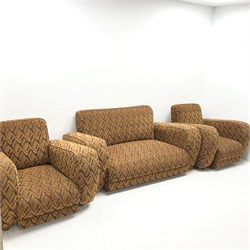Art Deco three piece lounge suite, consisting of single two seat sofa (W159cm) and a two armchairs (W97cm) upholstered in a terracotta ground patterned fabric