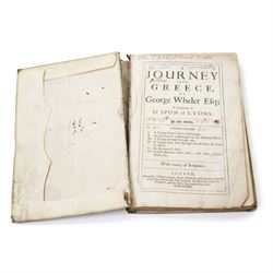 Wheler, George - 'A Journey into Greece' in company of Dr Spon of Lyons, printed for William Cademan et al, first edition 1682 ex libris Johannes Clarke in vellum covered boards, a double sided vellum page of music and a single sided vellum page, both in Latin and framed (3)