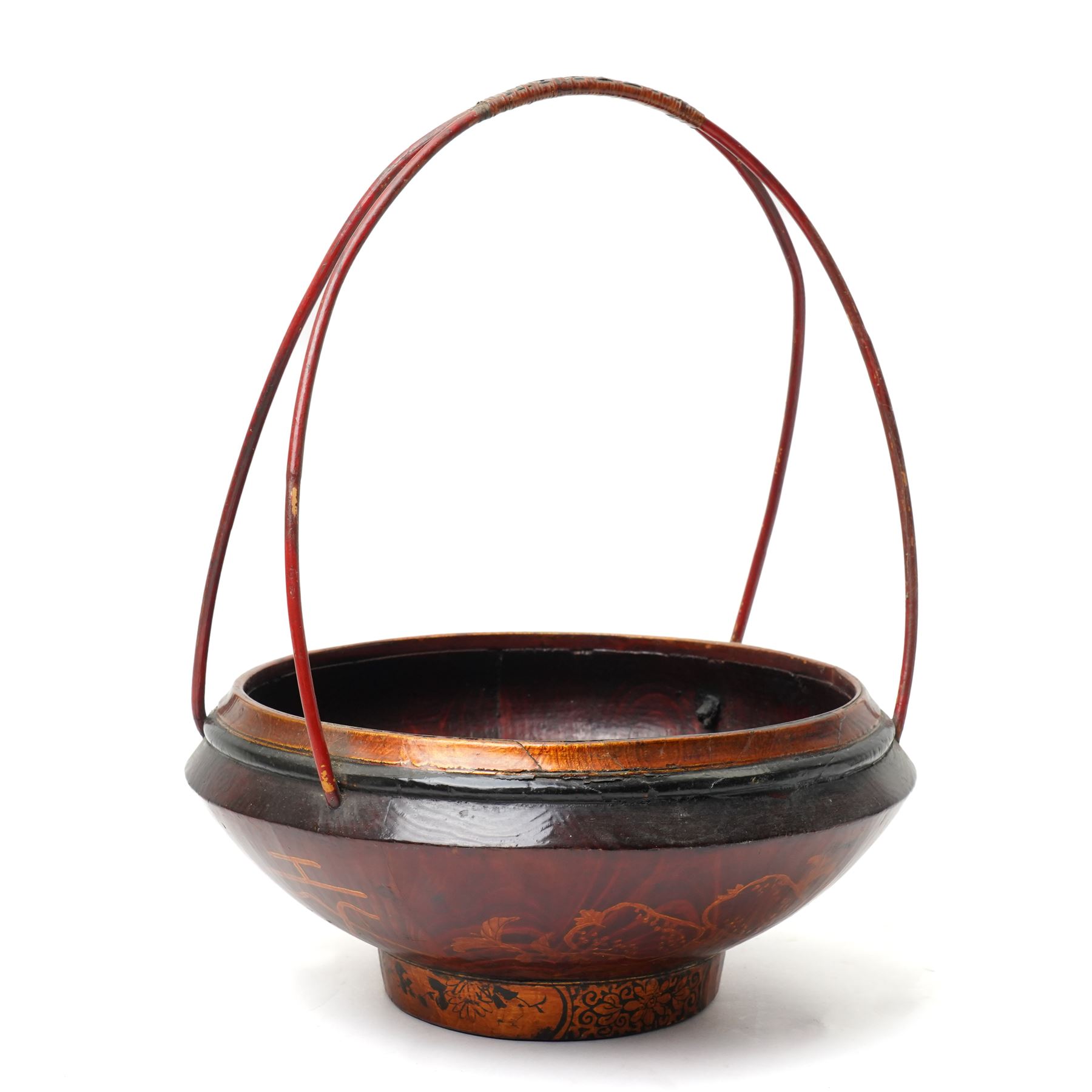Early 20th century Chinese red lacquered marriage basket, the exterior with character and fruit motifs, H43cm; together with a red painted dowry basket, on shaped circular foot, H19cm x D35cm (2)