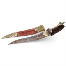 19th century South Indian  dagger (Bichwa) with curved blade, gilt floral damascened grip and gilt metal mounted sheath L36cm overall