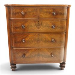 Victorian mahogany bowfront chest, with mahogany veneered drawers two over three drawers, turned handles with mother of pearl centres, raised on turned supports