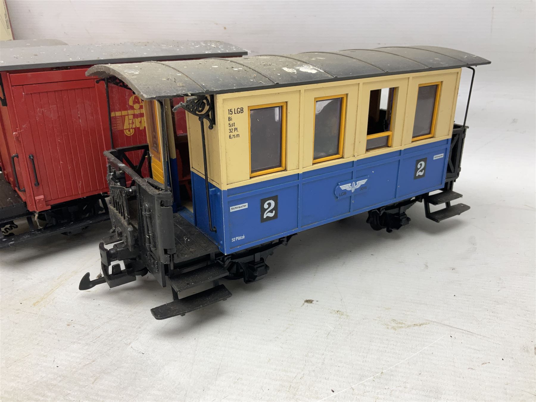 Three LGB (Lehmann Gross Bahn) G scale, gauge 1, rolling stock wagons, comprising two Lake George and Boulder wagons and an Auto Express wagon, together with a LGB passenger coach, other LGB rolling stock and a Lehmann Rigi900 ski lift
