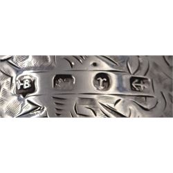 Group of silver, comprising napkin ring with engraved monogram and decoration, hallmarked, continental silver napkin ring, silver vesta case with silver T bar chain and half rupee coin fob and a pair of sugar tongs, hallmarked 