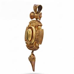 Victorian gold Etruscan revival pendant, cabochon oval bead surrounded by cannetille and bead decoration, with glazed back