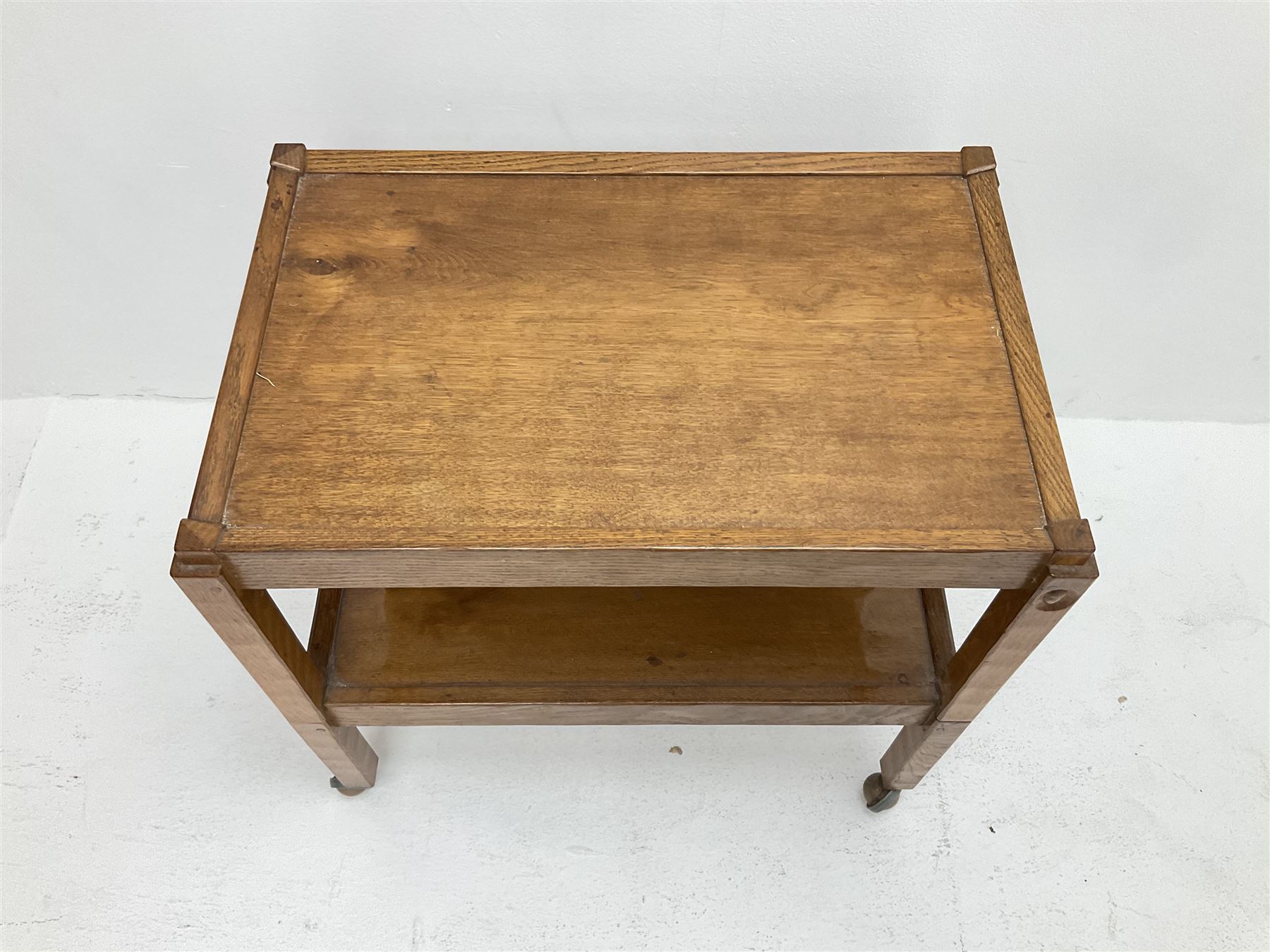 'Acornman' oak tolley with removable upper occasional table, all over adzing, by Alan Grainger of Brandsby, York