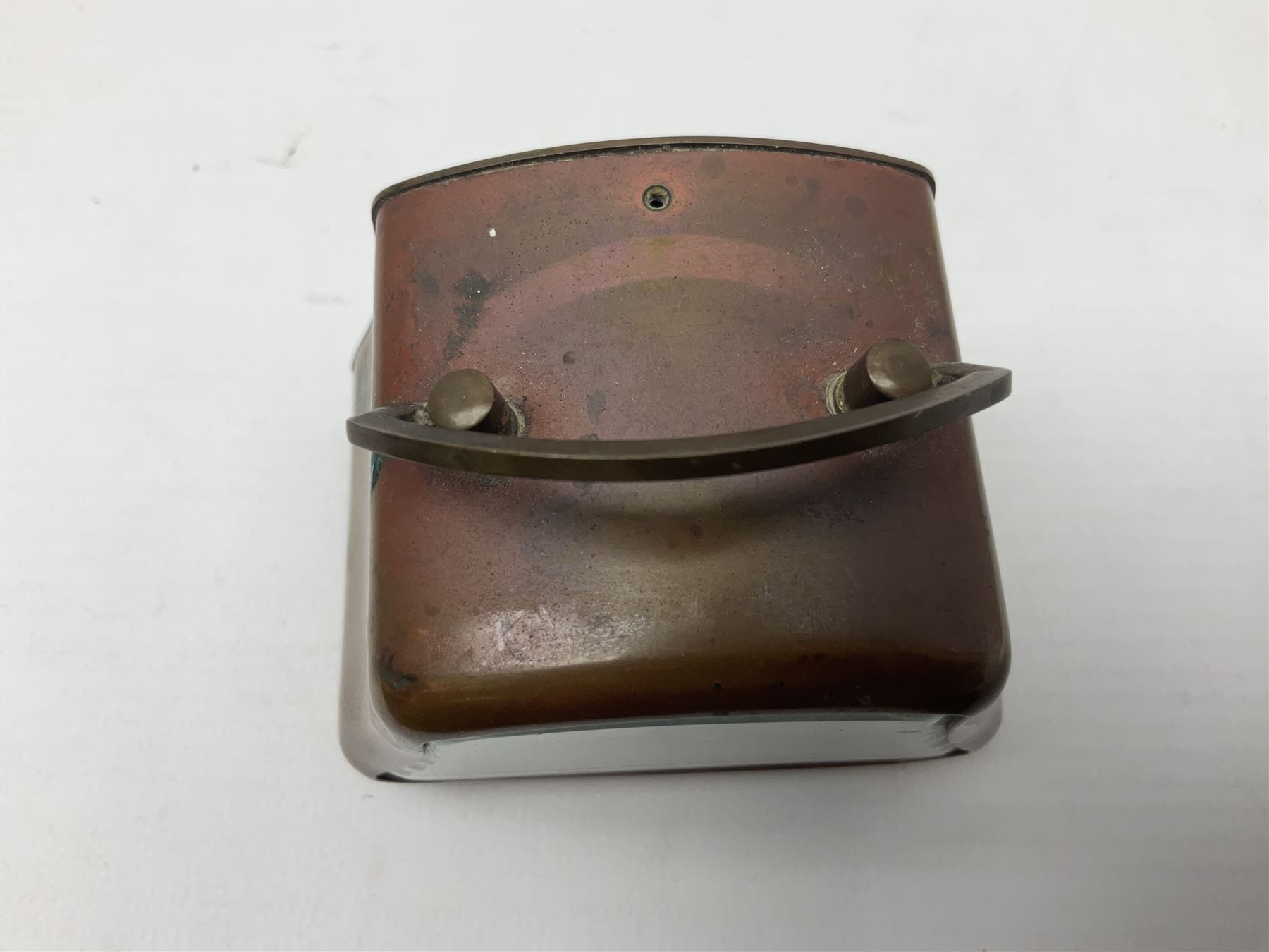 Smiths barometer in carved and stepped oak square case, together with a small copper 8 days clock with bevelled glass plate