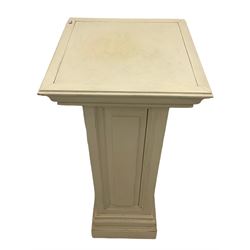 White painted pine pedestal plinth, the square moulded top over panelled rectangular body, stepped and moulded plinth base