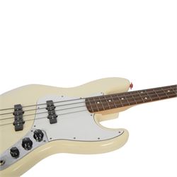 Fender jazz bass guitar, serial no. MZ7182451 made in Mexico c.2007, with cream body, white scratch plate, maple neck, guitar L120cm