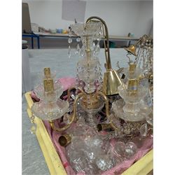 Four brass and glass chandelier light fittings