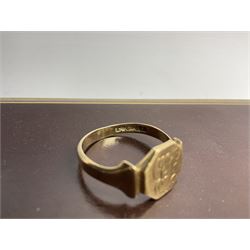 Hallmarked 9ct gold signet ring, approximately 4.4 grams, costume jewellery including brooches, simulated pearl necklace, Oris mechanical wristwatch etc