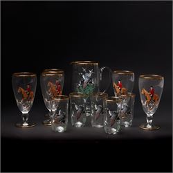 Set of ten painted glasses and jug, with geese and hunting scenes, jug H20cm 