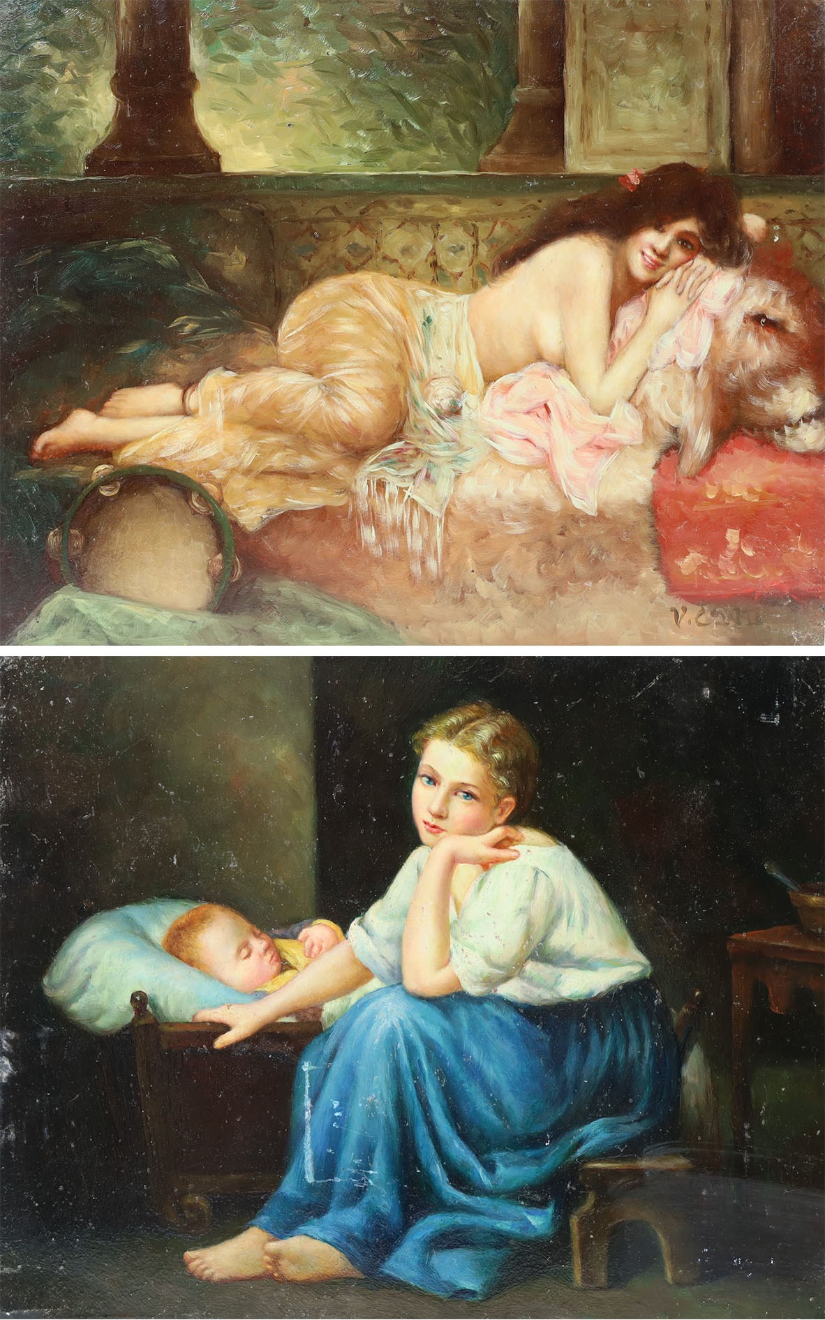 After Léon-François Comerre (French 1850-1916): Reclining Woman upon a Lion Skin; after Madame la Marquise de Salvo (Italian 19th century): Young Mother with Child, two oils on panel signed V Conti 20cm x 25cm (2) (unframed)